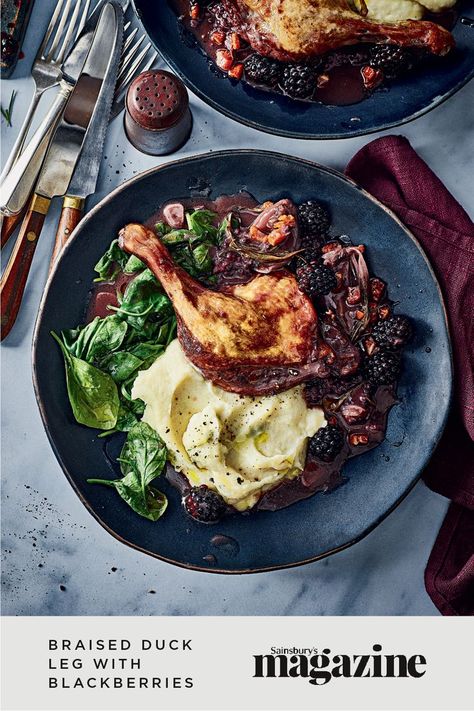 The little sharp bursts of blackberry in this super-simple, one-pot braise contrast brilliantly with the rich, gamey quality of duck. Fantastic for a special family meal or dinner party, this slow cook recipe is perfect for the weekend. Get the Sainsbury's magazine recipe Duck Leg Recipes, Celeriac Mash, Braised Duck, Mash Recipe, Weekend Cooking, Cooking Advice, Duck Recipes, Pub Food, Sunday Lunch