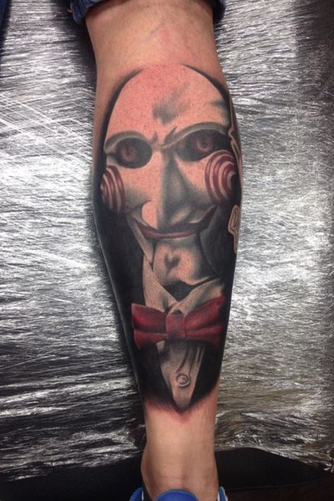 Saw Film Tattoo, Jigsaw Horror Tattoo, Chucky Doll Tattoo, Saw Horror Tattoo, Saw Tattoo Ideas, Saw Movie Tattoo Ideas, Saw Tattoo Design, Jigsaw Tattoo Design, Saw Movie Tattoo