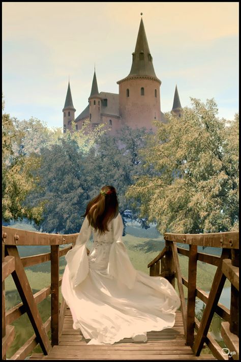 In my dreams I wander far from this cottage in the woods until I reach a glimmering castle... And inside the castle walls, I find you... My one true love... A Castle, The Castle, A Woman, Castle, White Dress, Walking, White, Beauty