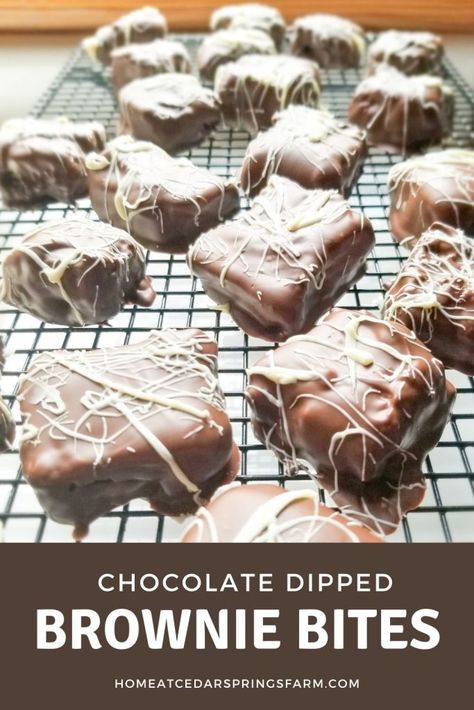 Chocolate Dipped Brownie Bites - Home at Cedar Springs Farm Chocolate Covered Brownie Bites, Chocolate Covered Brownies, Best Tea Cake Recipe, Dipped Brownies, Brownie Dip, Old Fashioned Tea Cakes, Tea Cake Cookies, Ultimate Brownies, Tea Cakes Recipes