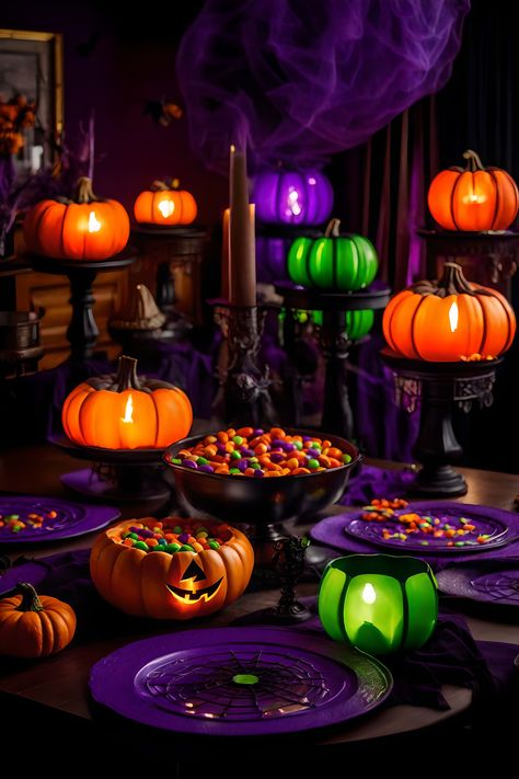 Magical Halloween, Neon Halloween Party, Halloween Candy Bar, Glow Pumpkin, Classy Halloween Decor, Halloween Tablescape, Halloween Party Dinner, Halloween Table Decorations, Purple Halloween