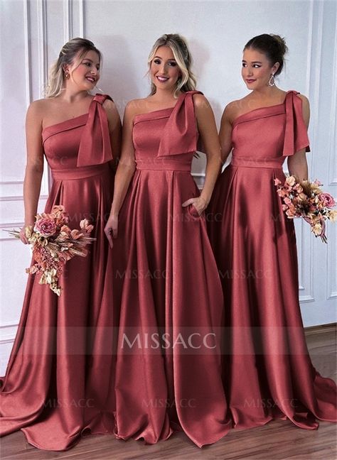 One-Shoulder A-Line Satin Bridesmaid Dresses With Pockets Off Shoulder Bridesmaid Gown, Sparkle Wedding Dress, Dresses With Pockets, Bridesmaid Dress Colors, Satin Bridesmaid Dresses, Bridesmaids And Groomsmen, Mom Dress, Evening Dresses Prom, Godmother