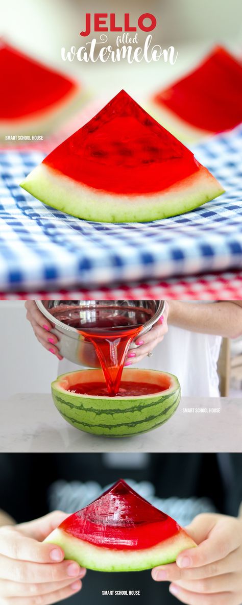 Jello Filled Watermelon - slice up some fun with this DIY watermelon jello recipe! Every kid loves biting into a slice of jello watermelon on a sunny day. Diy Jello, Butter Finger Dessert, Watermelon Jello, Watermelon Recipe, Jello Recipe, Crescent Roll Pizza, Fruity Snacks, Watermelon Party, Jello Recipes