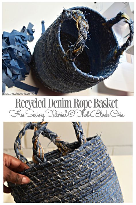 DIY Recycled Denim Rope Basket Free Sewing Tutorial | Fabric Art DIY Denim Rope Basket, Denim Baskets Diy, Scrap Fabric Basket Tutorial, Coiled Rope Basket Diy No Sew, Coiled Rope Basket Diy, Denim Basket, Rope Basket Tutorial, Denim Sewing, Fabric Art Diy