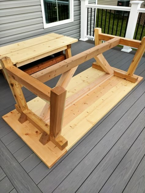 Style Outdoor Table, Truss Table, Outdoor Farmhouse Table, Woodworking Projects Table, Diy Patio Table, Farmhouse Table Plans, Table And Benches, Outdoor Woodworking Projects, Outdoor Farmhouse