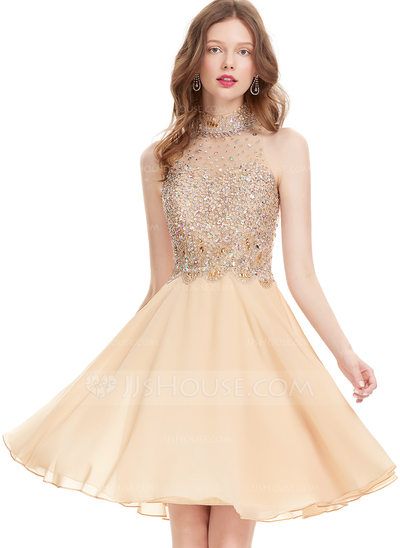 Homecoming Dresses Knee Length, Damas Dresses, Sequin Homecoming Dress, Dama Dresses, Golden Dress, Cheap Homecoming Dresses, Dresses Chiffon, Beaded Chiffon, Scoop Neck Dress