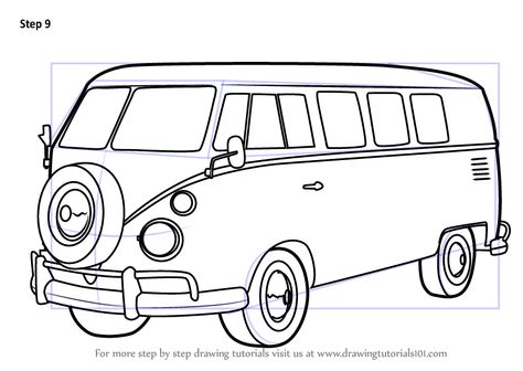 Learn How to Draw Volkswagen Bus (Other) Step by Step : Drawing Tutorials Vw Van Drawing, Vw Bus Drawing, Van Drawing, Bus Drawing, Volkswagen Camper Van, Surf Party, Volkswagen Van, Fantasy Concept, Combi Vw