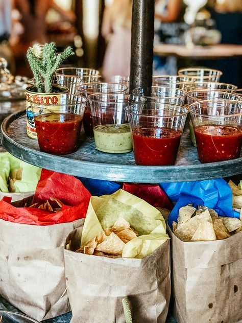 Chips And Salsa Table Centerpiece, Salsa And Chips Display, Wedding Salsa Bar, Mexican Food Cocktail Hour, Chips And Salsa Wedding Table, Wedding Taco Bar Setup, Chip And Salsa Bar, Wedding Chips And Salsa Bar, Chips And Salsa Wedding