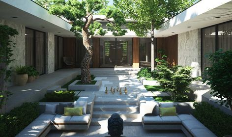 none Modern Courtyard, Courtyard Gardens Design, Courtyard House Plans, Courtyard Design, Internal Courtyard, Courtyard House, Forest House, Courtyard Garden, Container House