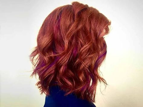 Copper with Purple Highlights Copper And Purple Hair, Hair With Purple Highlights, Purple Red Hair Color, Red Purple Hair, Shades Of Burgundy Hair, Dark Burgundy Hair, Burgundy Hair Color, Purple Hair Highlights, Purple Streaks