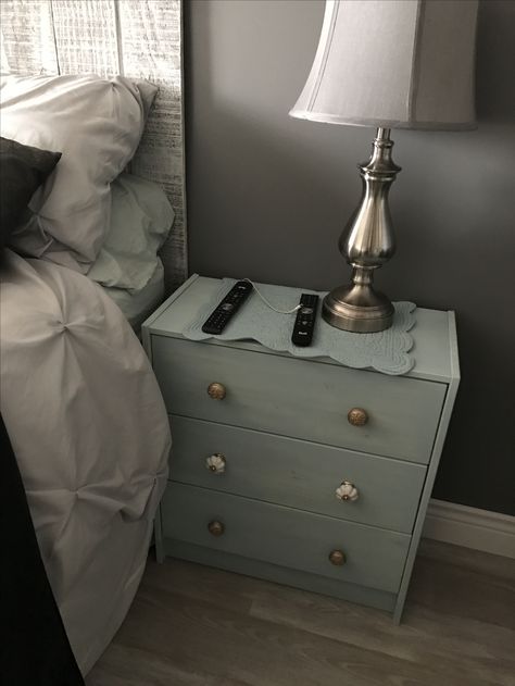 IKEA pine dresser painted with serenity rustoleum chalk paint. Door handles from homesense Ikea Pine Dresser, Rustoleum Chalked, Rustoleum Chalk Paint, Paint Door, Dresser Painted, Pine Dresser, Dresser As Nightstand, Chalk Paint, Chalk