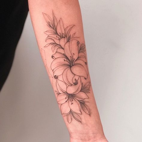 Daylilies Tattoo, Lilly Arm Tattoos For Women, Lilly Forearm Tattoo Women, Lilies Flowers Tattoo, Lily Forearm Tattoo, Daylily Tattoo, Lily And Rose Tattoo, Word Tattoos With Meaning, Lace Sleeve Tattoos