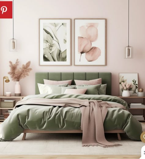 Blush Pink And Olive Green Bedroom, Safe Green And Pink Bedroom, Pink Olive Bedroom, Dusty Rose And Olive Green Bedroom, Olive Green Pink Bedroom, Green Pink And Grey Bedroom, Pink Green Tan Bedroom, Bedroom Inspirations Olive Green, Olive Green And Blush Pink Bedroom