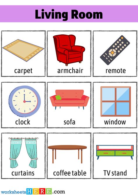 Things In The Living Room Worksheet, Things In The House Worksheet, Living Room Worksheet, Living Room Vocabulary, Room Vocabulary, Living Room Objects, Window Coffee Table, Speech Therapy Worksheets, Electric Socket