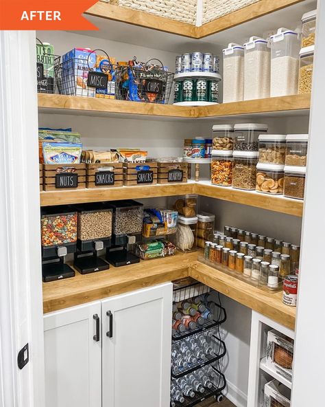 After:: pantry with wooden shelves and food in marked containers Corner Pantry Organization Ideas Shelves, Small Kitchen Pantries, Pantree Ideas, Small Kitchen Pantry Makeover, Upgrade Wire Shelves In Pantry, Builder Grade Corner Pantry Makeover, Corner Pantry Makeover Diy, Microwave In Pantry Closet, Diy Pantry Makeover Ideas