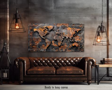 🎁🏡 Thoughtful Home Gift: Gift a touch of wanderlust and style with this world mad canvas art, perfect for those who appreciate rustic industrial design, making their space both stylish and sentimental. Gift for dad.    READY TO HANGCANVAS SIGN    Artwork 423 ✪ Click drop-down menu for Sizes and Pricing! ✪ 👉PLEASE NOTE👈 Colors may be slightly different from how they appear on screen. 👉CANVAS SIGN DETAILS👈 ☑️ The canvas is ready to hang. There is no framing required! ☑️ Our canvas is printed Rustic Wall Art Living Room, Bar Wall Ideas, Living Room Decor Large, Bachelor Pad Decor, Masculine Wall Art, Industrial Artwork, Modern Industrial Living Room, Map Art Gift, Brown Wall Decor