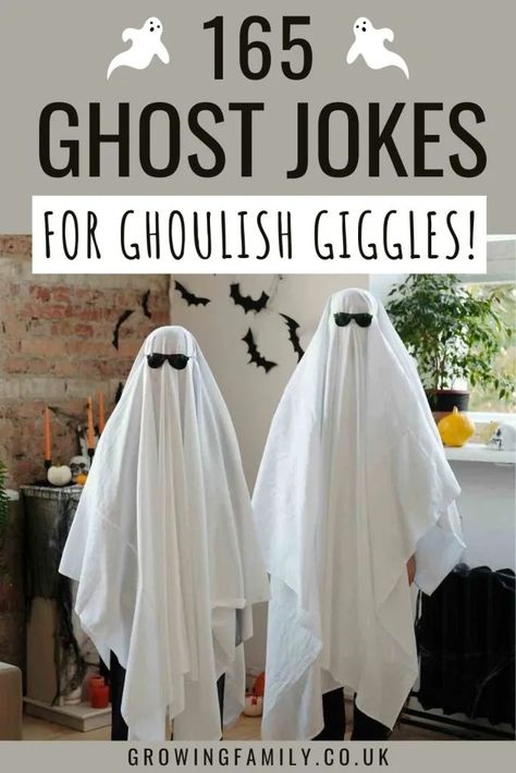 165 best ghost puns and ghost jokes for spooky fun - Growing Family Ghost Jokes Humor, Funny Ghost Halloween Costumes, Ghost Quotes Funny, Sheet Costume, Ghost Jokes, Kid Friendly Jokes, Pun Costumes, Ghost Puns, Ghost Quote