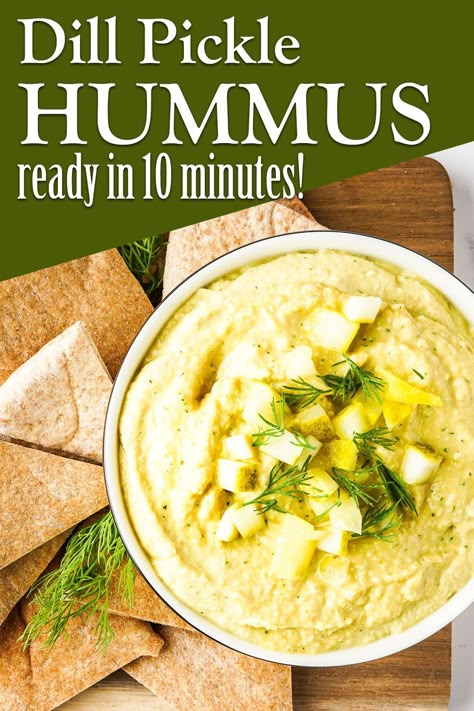 Dill Appetizer, Dill Pickle Hummus, Pickle Hummus, Easy Bean Dip, Easy Hummus Recipe, Dill Pickle Recipe, Hummus Recipe Homemade, Hummus Dip, Easy Hummus