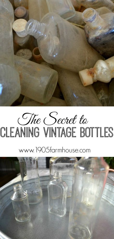 The Secret to Cleaning Narrow Old Vintage Bottles - 1905 Farmhouse Vintage Bottles Decor, Diy Home Decor For Apartments, Old Glass Bottles, Antique Glass Bottles, Bottle Display, Inexpensive Home Decor, Antique Bottle, Altered Bottles, Glass Bottle Crafts