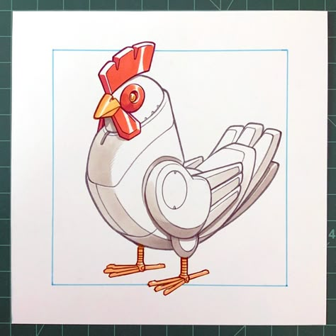 Robot Animal Drawing, Animated Cute Animals, Chicken Sketch, Robot Animals, Robot Drawing, Chicken Tattoo, Robot Chicken, Marker Illustration, Mechanical Animals