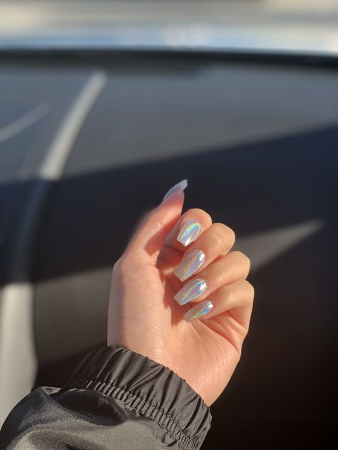 White And Silver Ombré Nails, Silver Chrome Nails Coffin, Metallic Silver Nails Acrylic, Square Silver Chrome Nails, Short Square Acrylic Nails Chrome, Light Silver Chrome Nails, Light Gray Chrome Nails, Silver Crome Nails Design, White Crome Nails Coffin