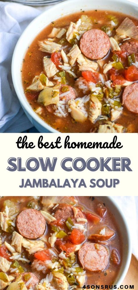 Slow cooker jambalaya soup offers big flavor with minimal work. Make it in the morning for an easy, set it and forget it dinner any night of the week. Jambalaya Recipe Slow Cooker, Jambalaya Recipe Crockpot, Jambalaya Soup, Jambalaya Recipe Healthy, Jambalaya Recipe Easy, Slow Cooker Jambalaya, Jambalaya Recipe, Soup Recipes Slow Cooker, Crock Pot Soup