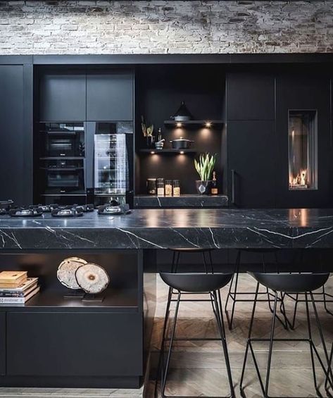 DOCUMENTING INSPIRATION #Black #Design #Inspiration #InteriorDesign #Decorating #BlackInteriors #HomeDesign (via Pinterest)  #eatdesignlife Precedent Study, Black Kitchen Design, Distressed Kitchen, Kitchens Cabinets, Cabinets Design, Barn Kitchen, Kitchen Countertop Materials, Cabinets Ideas, Kitchen Black