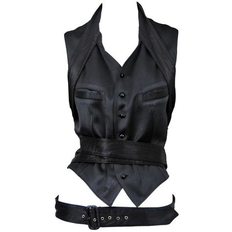 Preowned Jean Paul Gaultier Black Satin Belted Vest ($550) ❤ liked on Polyvore featuring outerwear, vests, black, satin vest, jean-paul gaultier, black vest tuxedo, satin tuxedo vest and black satin vest Vest Tuxedo, Tuxedo Vest, Fashion Vocabulary, Black Vest, Kpop Fashion Outfits, Paul Gaultier, Jacket Design, Character Outfits, Kpop Fashion