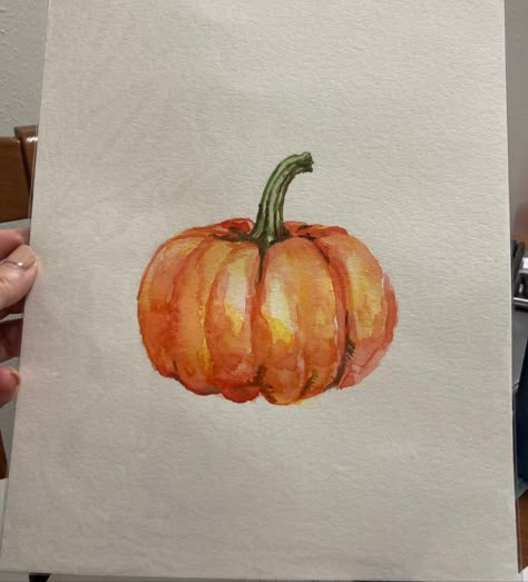 Original watercolor painting on watercolor paper. Pumpkin Watercolour Painting, Fall Watercolor Landscape Easy, Simple Pumpkin Painting On Canvas, Fall Painting Watercolor, Painting Ideas On Canvas Food, Mini Fall Paintings, Painting Of A Pumpkin, Autumn Watercolor Art, Easy Fall Watercolor Ideas