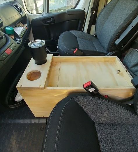 Van Seating Ideas, Diy Center Console Van, Truck Center Console Ideas, Van Center Console Ideas, Camper Seating Ideas, Diy Center Console Truck, Diy Center Console, Camper Dog, Van Organization