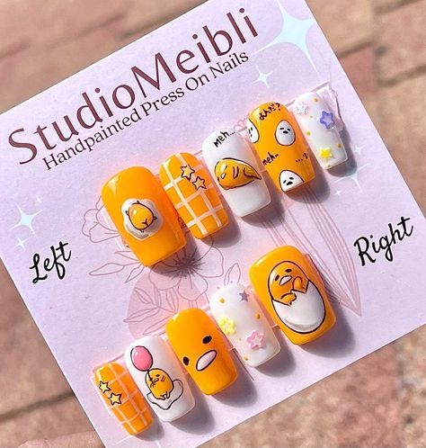 Gudetama Nails, Oval Nails Designs, Hello Nails, Korean Nails, Really Cute Nails, Kawaii Nails, Unique Nails, Cute Nail Designs, Dope Nails