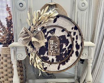 Western Signs, Cowhide Fabric, Entryway Signs, Faux Cowhide, Wooden Welcome Signs, Round Wood Sign, Front Door Signs, Wood Frame Sign, Rustic White