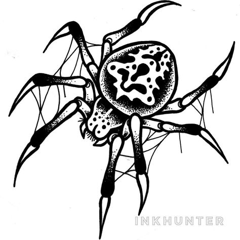 Spider Tattoo Trad, Creepy Traditional Tattoo, Spider Traditional Tattoo, Spider Tattoo Traditional, Old School Tattoo Design Black, Black Traditional Tattoo Old School, Tattoo Old School Black, Traditional Spider Tattoo, Illustration Tattoo Design