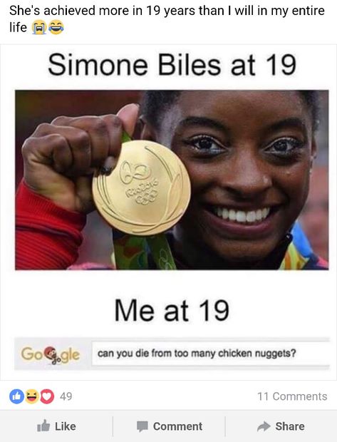 Simone Biles at 19 Gymnastics Funny, Gymnastics Quotes, Simone Biles, Chicken Nuggets, What’s Going On, Really Funny Memes, Rwby, Funny Laugh, Bones Funny