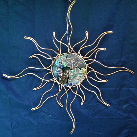 "Copper Wire, Seaglass and Recycled Tumbled Glass Sun Catcher 13\"x13\"" Wire Suncatcher, Wire Sun, Beaded Wire Art, Copper Wire Crafts, Moon Sea, Flower Suncatcher, Wire Creations, Wire Trees, Wire Design