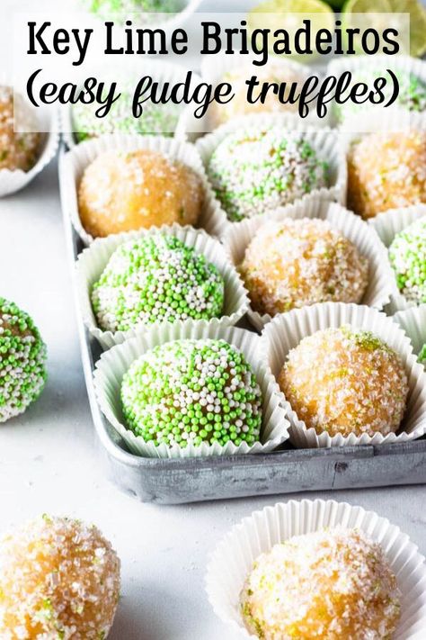 Key Lime Brigadeiros, fudge truffles #truffles #fudge #brigadeiros #keylime #sweets #fudgeballs #sprinkles #party #birthday #treats #christmas #desserts #gift #brazilian #condensedmilk #sprinkles #easy #nobake #celebration Key Lime Fudge, Key Lime Pie Cake, Fudge Truffles, Brigadeiro Recipe, Key Lime Recipes, Sprinkles Party, Chocolate Flan, Key Lime Desserts, Tacos Recipes