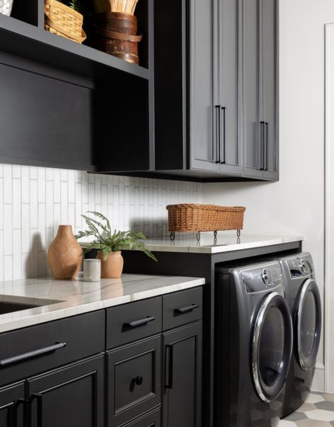 Charcoal Gray Laundry Room, Monochrome Laundry Room, Laundry Room With Black Appliances, Laundry Rooms With Black Appliances, Iron Ore Laundry Cabinets, Green And Black Laundry Room, Black Cabinet Laundry Room, Laundry Room Dark Cabinets, Black Cabinets Laundry Room