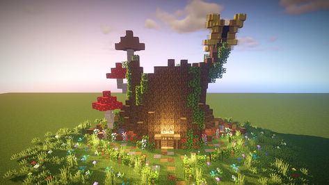 Minecraft Fairy House, Tree Stump Fairy House, Stump Fairy House, Minecraft Bee, Minecraft Tree, Cottagecore Minecraft, Building A Treehouse, Minecraft Pictures, Minecraft Cottage