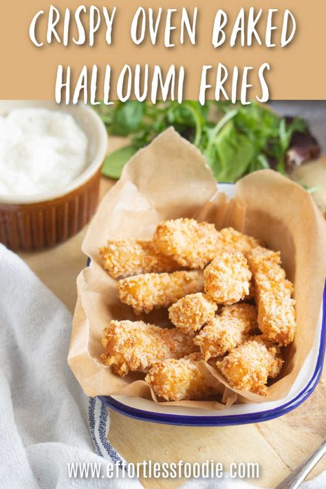 Easy crispy oven-baked halloumi fries! The perfect cheesy appetizer or snack and even tastier than Aldi halloumi fries! Baked Halloumi, Halloumi Fries, Cheesy Appetizer, Paneer Cheese, Easy Recipes For Beginners, Pizza Recipes Easy, Catering Ideas Food, Catering Ideas, Easy Meals For Kids