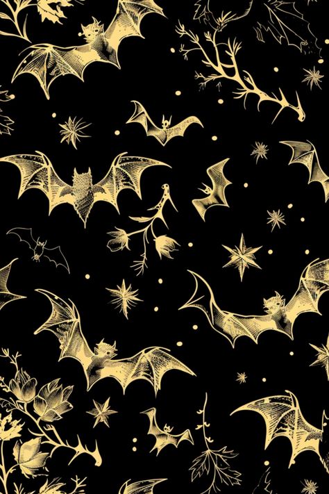 Halloween Gold Vampire Bats against a dark black background Bat Pattern Wallpaper, Bats Aesthetic, Vampire Background, Bat Wallpaper, Tattoo 101, Butterfly Bat, Vampire Bats, Spooky Aesthetic, Collage Material