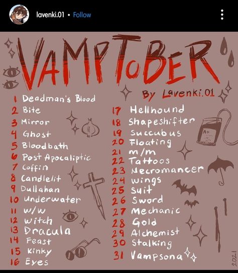 Cringetober 2023 List, Spooktober Art Challenge, Monthly Drawing Prompts, October Drawing Prompts, Oc Tober Prompts, October Art Challenge 2024, October Drawing Challenge 2024, October Art Challenge, Vampire Poses Drawing