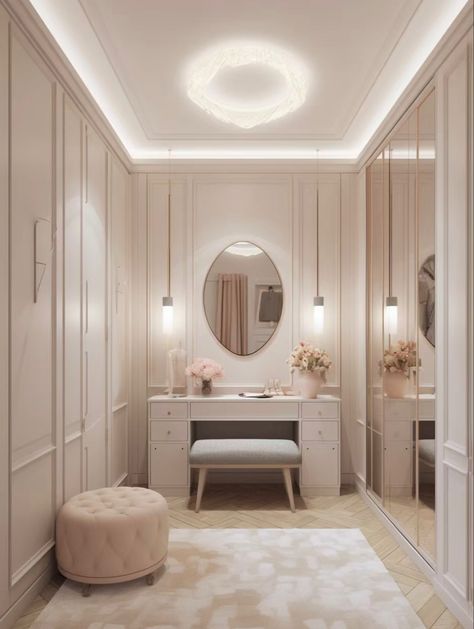 Dressing Room Wallpaper Ideas, Ladies Dressing Room Ideas, Ladies Dressing Room, Beige Dressing Room, Women’s Dressing Room, Dressing Room Neutral, Pale Pink Dressing Room, Princess Dressing Room, Very Classy Bedroom Vanity