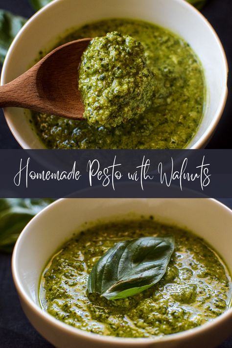 Homemade Pesto with Walnuts Recipe - A Quaint Life Pesto With Walnuts Recipes, Walnuts Recipe, Walnut Pesto, Walnut Recipes, Drink Inspiration, How To Make Pesto, Tomato Pesto, Homemade Pesto, Toasted Walnuts