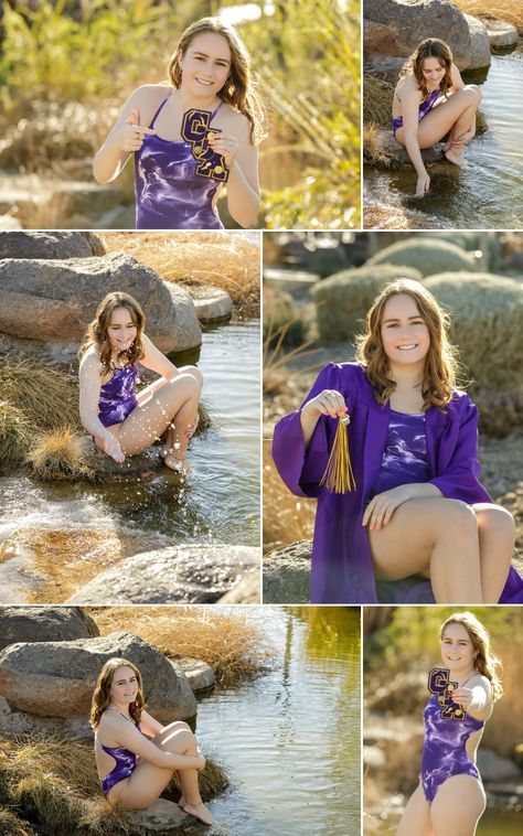 Senior girl with team swimsuit under her graduation cap & gown. Swimmer Senior Photos, Swim Team Senior Pictures, Swim Senior Photos, Senior Picture Ideas For Swimmers, Senior Picture Ideas Swimmer, Swimmer Senior Pictures, Hair Styles Beach Waves, Senior Swim Picture Ideas, Swimmer Poses