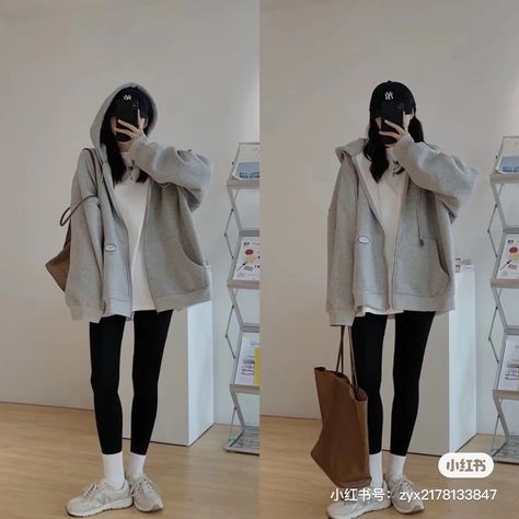 Korean Grey Sweatpants Outfit, Korean Gray Outfits, Korean Sporty Outfits, Korean Fashion Leggings, Black Comfy Outfits Korean, Hoodie Korean Style Girl, Looks Pinterest, Korean Casual Outfits, Korean Girl Fashion