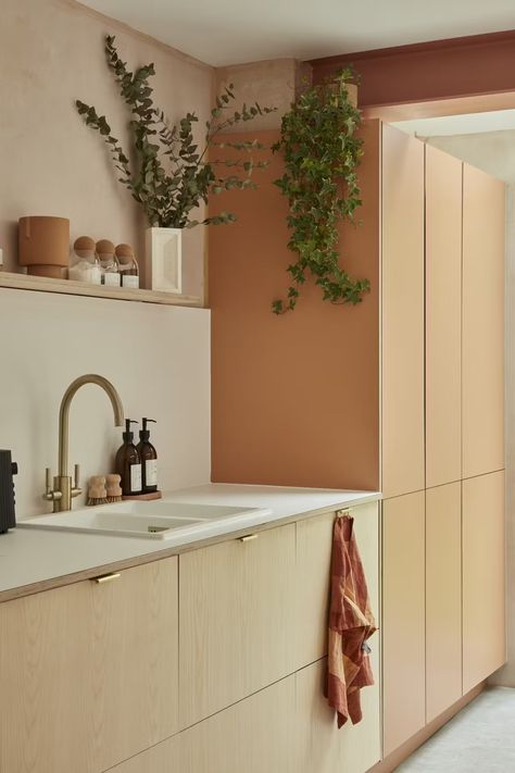 Ash veneered birch plywood fronts alongside Formica Earthenware and brass edge pull handles create a warm and welcoming family kitchen. Internal drawers are matching ash veneered ply or Formica Earthenware. Topped off with a beautifully soft Fenix Bianco Male worktop and back splash. The ash veneered shelf features a recess designed to perfectly fit Ikea Mittled LED lights. Kitchen Birch Cabinets, Brass Edge Pull, Plykea Kitchen, Terrace House Kitchen, Ikea Kitchen Ideas, Birch Plywood Kitchen, Plywood Kitchens, Yellow Bathroom Tiles, Sektion Cabinets