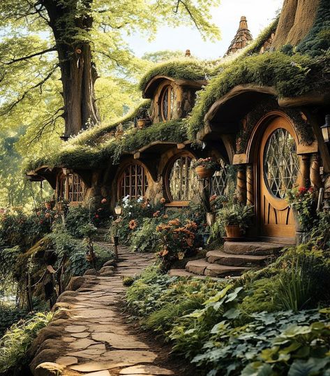 Hobbit Mansion, Woodland House Aesthetic, Story Book Homes, Hobbit House Exterior, Hobbit Style House, Hobbit Architecture, Hobbit Inspired House, Hobbit House Aesthetic, Ghibli Environment