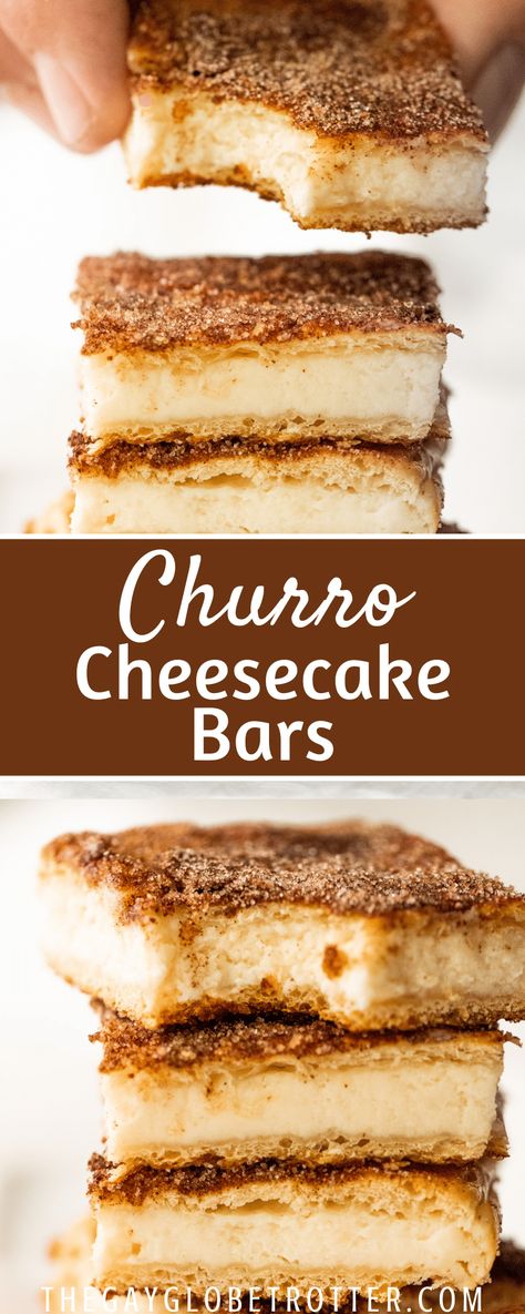 Churro cheesecake bars are an easy make ahead dessert with crescent rolls, cinnamon sugar, and cheesecake baked into an easy dessert! Churro Cheesecake Bars, Types Of Cinnamon, Cinnamon Bars, Cheesecake Bars Easy, Churro Cheesecake, Cheesecake Bar Recipes, Mexican Dessert Recipes, Cheesecake Dessert, Make Ahead Desserts