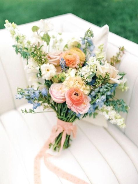 15 Beautiful Spring Wedding Bouquets For Spring Couples Colorful Bouquets Wedding, Blue Pink Orange Wedding Bouquet, Summer Wedding Astethic, Spring Garden Wedding Bouquet, Early June Wedding Flowers, Summer Garden Wedding Bridesmaids, Colorful Spring Bouquet Wedding, Colorful Wedding Floral Centerpieces, Late June Wedding