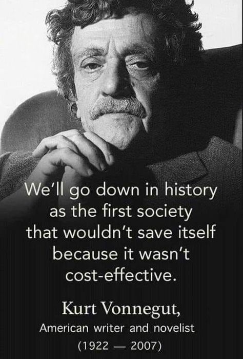 We'll go down in history as the first society that wouldn't save itself because it wasn't cost-effective. Kurt Vonnegut Quotes, Kurt Vonnegut, Philosophical Quotes, Quotable Quotes, Think About It, Wise Quotes, Meaningful Quotes, Great Quotes, Wisdom Quotes